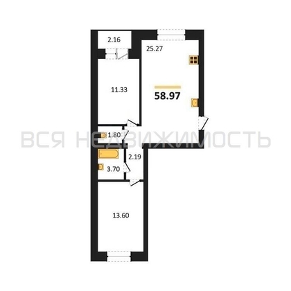 2-комнатная квартира, 58.97кв.м - изображение