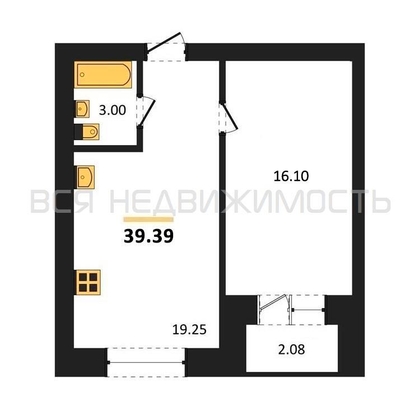 1-комнатная квартира, 39.39кв.м - изображение