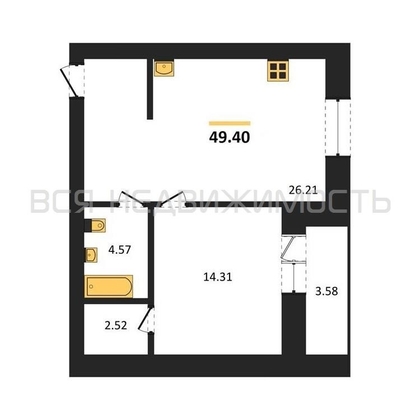 1-комнатная квартира, 49.4кв.м - изображение