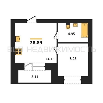 1-комнатная квартира, 28.89кв.м - изображение