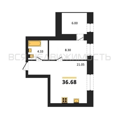 1-комнатная квартира, 36.68кв.м - изображение
