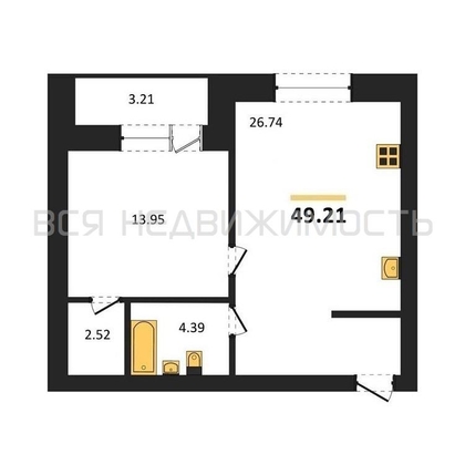 1-комнатная квартира, 49.21кв.м - изображение