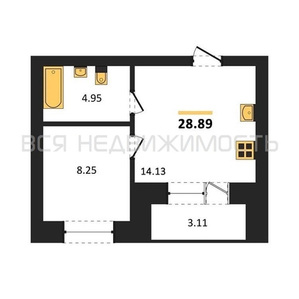 1-комнатная квартира, 28.89кв.м - изображение