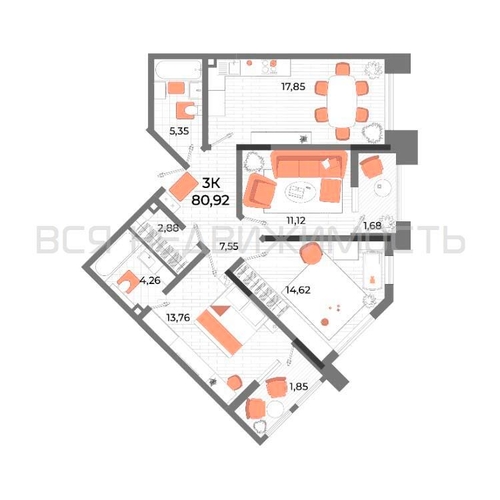 3-комнатная квартира, 80.92кв.м - изображение 0