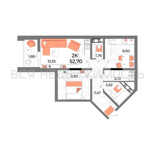 2-комнатная квартира, 52.7кв.м - изображение 0