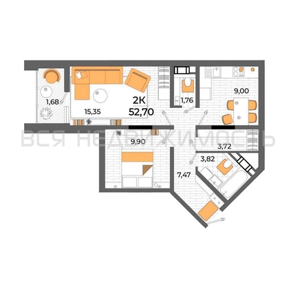 2-комнатная квартира, 52.7кв.м - изображение