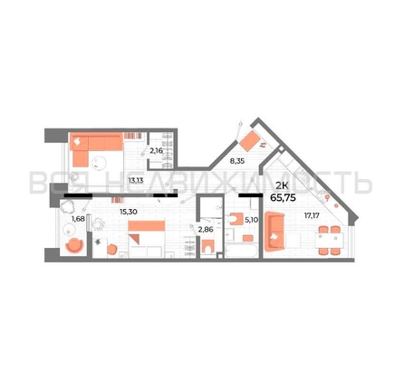 2-комнатная квартира, 65.75кв.м 2-комнатная квартира, 65.75кв.м - изображение