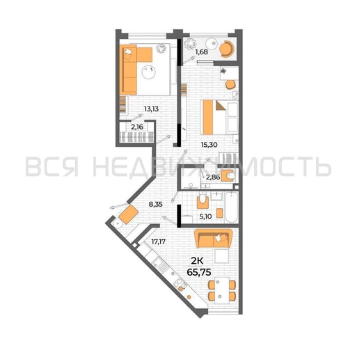 2-комнатная квартира, 65.75кв.м - изображение 0