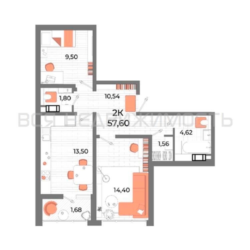 2-комнатная квартира, 57.6кв.м - изображение 0