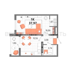 1-комнатная квартира, 37.97кв.м 1-комнатная квартира, 37.97кв.м - изображение 1