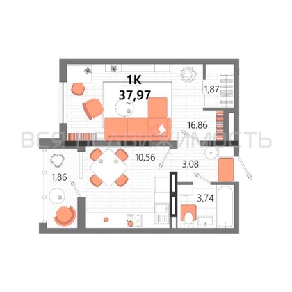 1-комнатная квартира, 37.97кв.м 1-комнатная квартира, 37.97кв.м - изображение