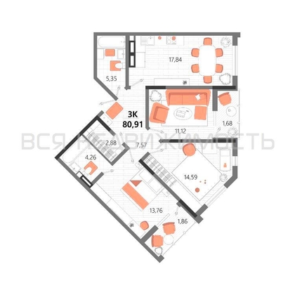 3-комнатная квартира, 80.91кв.м 3-комнатная квартира, 80.91кв.м - изображение