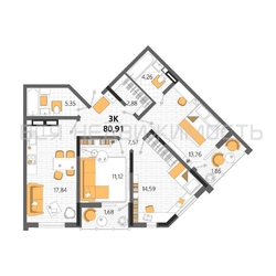 3-комнатная квартира, 80.91кв.м 3-комнатная квартира, 80.91кв.м - изображение 1