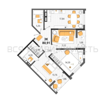 3-комнатная квартира, 80.91кв.м - изображение
