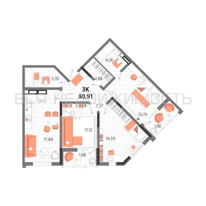 3-комнатная квартира, 80.91кв.м 3-комнатная квартира, 80.91кв.м - изображение