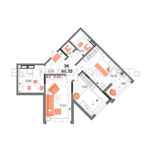 3-комнатная квартира, 66.3кв.м - изображение 0