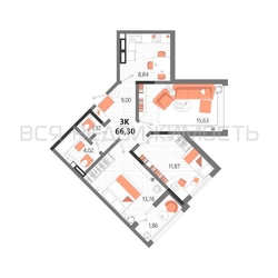 3-комнатная квартира, 66.3кв.м 3-комнатная квартира, 66.3кв.м - изображение 1