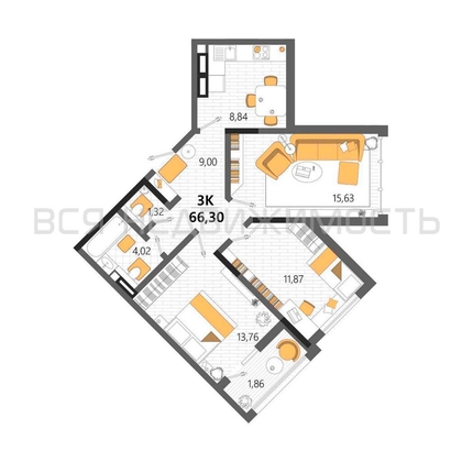 3-комнатная квартира, 66.3кв.м - изображение