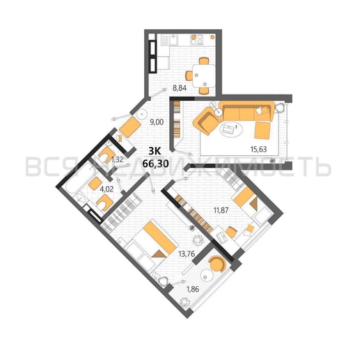 3-комнатная квартира, 66.3кв.м - изображение 0