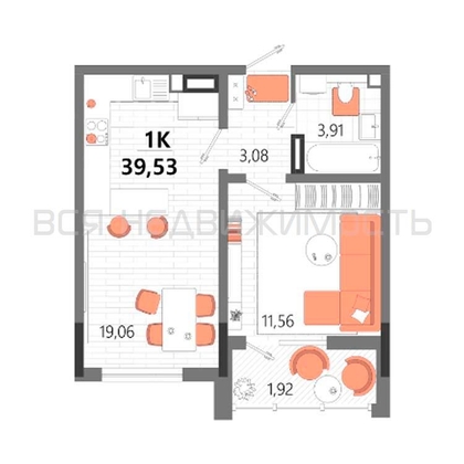 1-комнатная квартира, 39.53кв.м - изображение