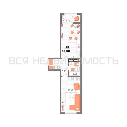1-комнатная квартира, 44кв.м - изображение