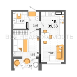 1-комнатная квартира, 39.53кв.м 1-комнатная квартира, 39.53кв.м - изображение 1