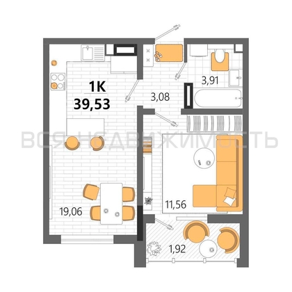 1-комнатная квартира, 39.53кв.м - изображение