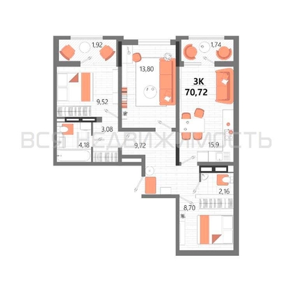 3-комнатная квартира, 70.72кв.м - изображение