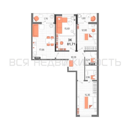 3-комнатная квартира, 81.71кв.м - изображение
