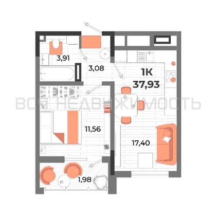 1-комнатная квартира, 37.93кв.м - изображение