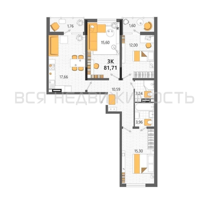3-комнатная квартира, 81.71кв.м - изображение