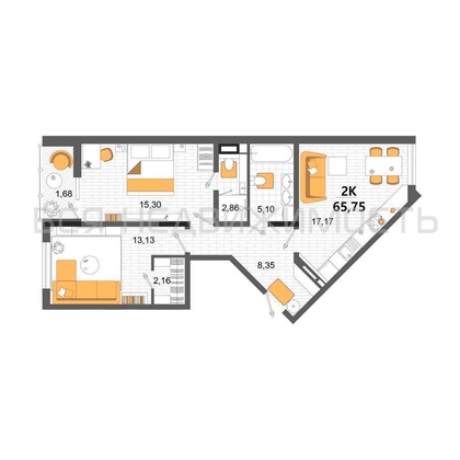2-комнатная квартира, 65.75кв.м - изображение
