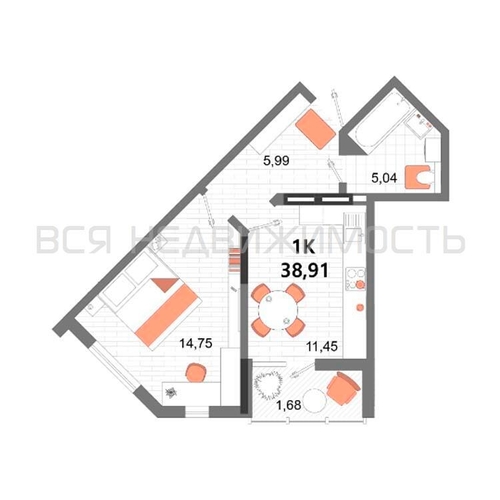 1-комнатная квартира, 38.91кв.м - изображение 0