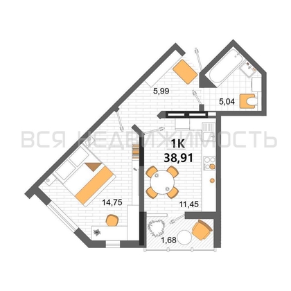 1-комнатная квартира, 38.91кв.м - изображение