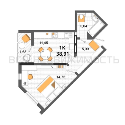 1-комнатная квартира, 38.91кв.м - изображение