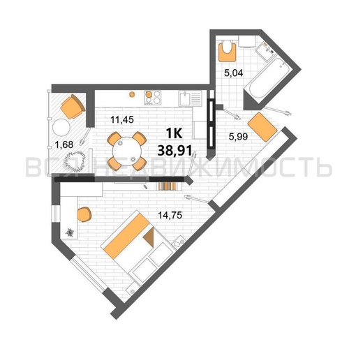 1-комнатная квартира, 38.91кв.м - изображение 0