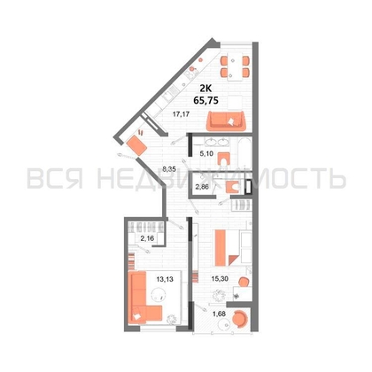 2-комнатная квартира, 65.75кв.м - изображение