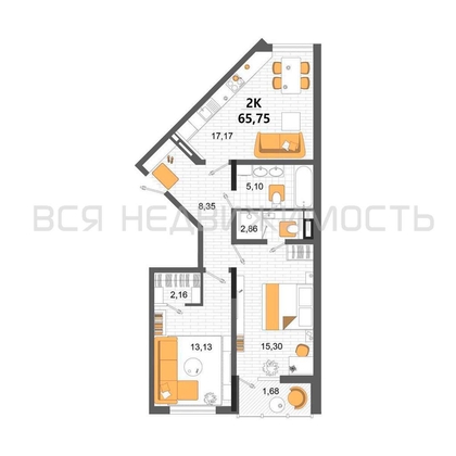 2-комнатная квартира, 65.75кв.м - изображение