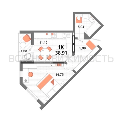 1-комнатная квартира, 38.91кв.м - изображение