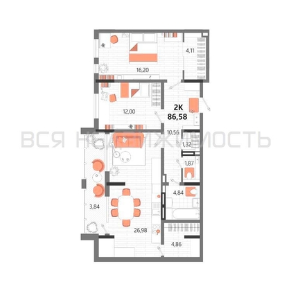 2-комнатная квартира, 86.58кв.м - изображение