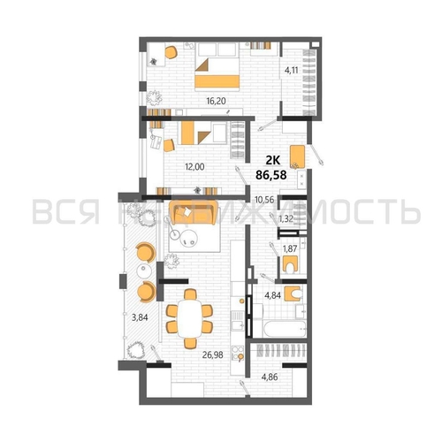 2-комнатная квартира, 86.58кв.м - изображение 0