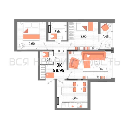 3-комнатная квартира, 58.95кв.м - изображение 0