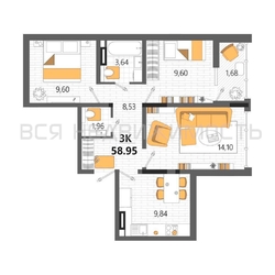 3-комнатная квартира, 58.95кв.м 3-комнатная квартира, 58.95кв.м - изображение 1