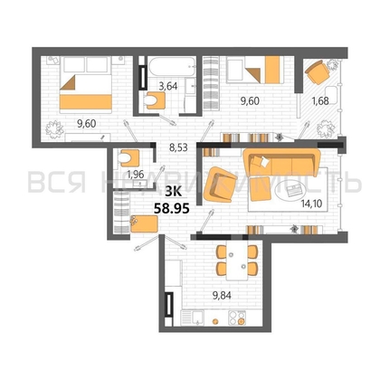 3-комнатная квартира, 58.95кв.м - изображение