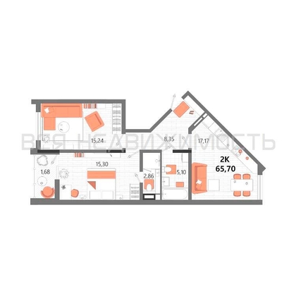 2-комнатная квартира, 65.7кв.м - изображение