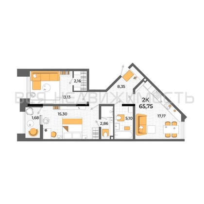 2-комнатная квартира, 65.7кв.м - изображение