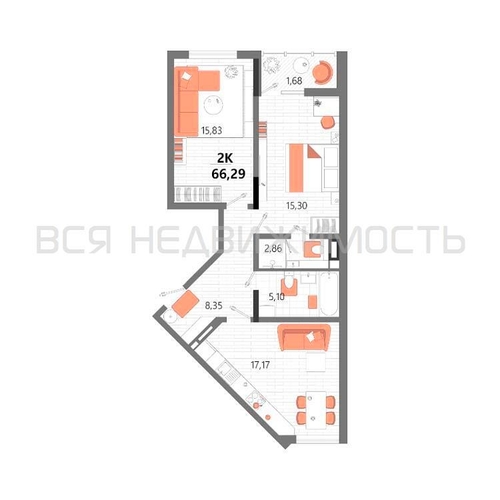 2-комнатная квартира, 66.29кв.м - изображение 0