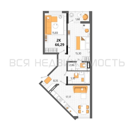 2-комнатная квартира, 66.29кв.м - изображение