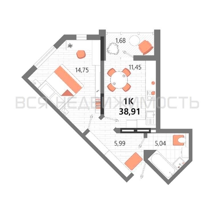 1-комнатная квартира, 38.91кв.м - изображение
