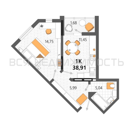 1-комнатная квартира, 38.91кв.м - изображение 0